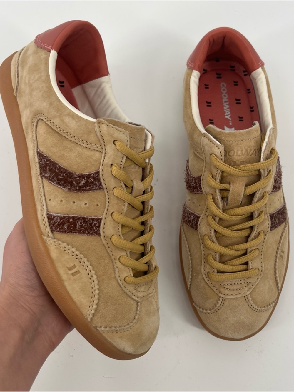 Coolway Cream Tan Rust Suede Lace Up Retro Low Profile Lace Up Sneaker Women's 8